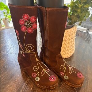 Embroidered Brown Suede Clog Boots